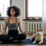 A woman practices yoga at home with her Shiba Inu dog, embracing a relaxing morning.