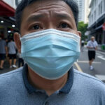 Healthcare worker in Singapore wearing a blue surgical mask and cap with the city skyline at night in the background, representing the new COVID-19 outbreak.