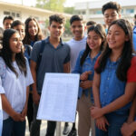 A person in a suit holds a sign reading "CBSE Results 2025" in front of a group of students in school uniforms, standing in an outdoor school courtyard decorated with balloons.